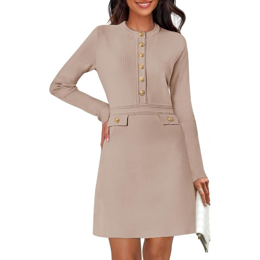 Fall 2025 Long Sleeve Body con Khaki Sweater Dress for Women Winter Formal Mini